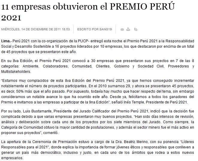 11 empresas obtuvieron el PREMIO PERÚ 2021